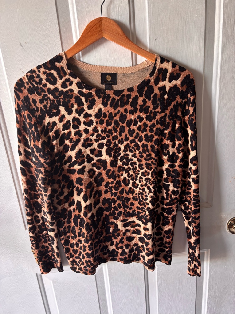 JM Collection Leopard Print Long Sleeve Top in Brown and Black